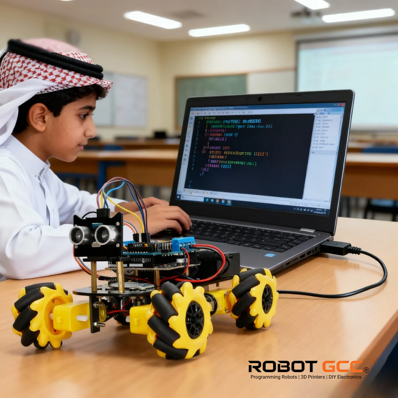 Child programming a robot with a laptop in a classroom setting, featuring ROBOTGCC branding.
