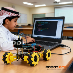 Child programming a robot with a laptop in a classroom setting, featuring ROBOTGCC branding.