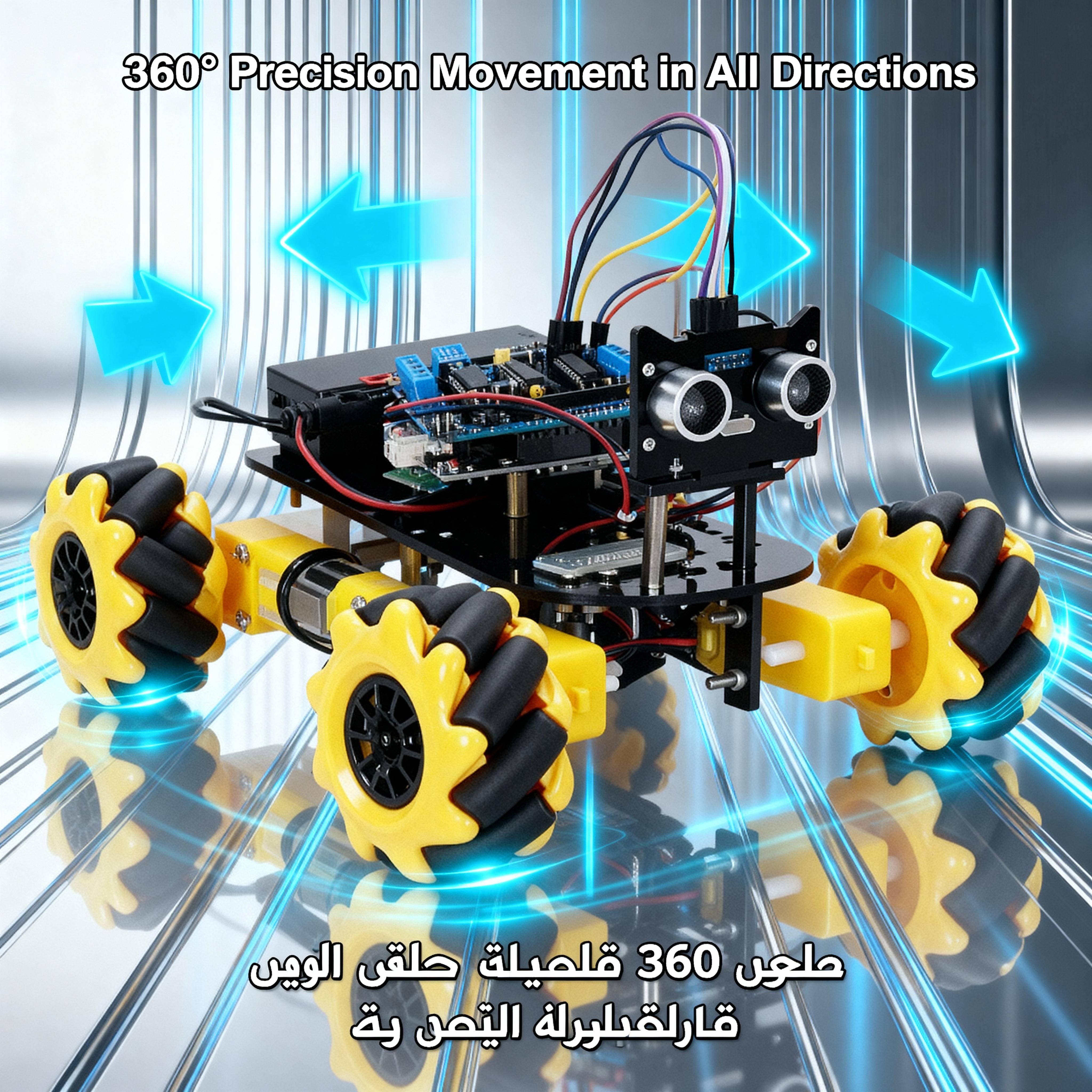 Robotics kit with yellow wheels and electronic components on a reflective surface.