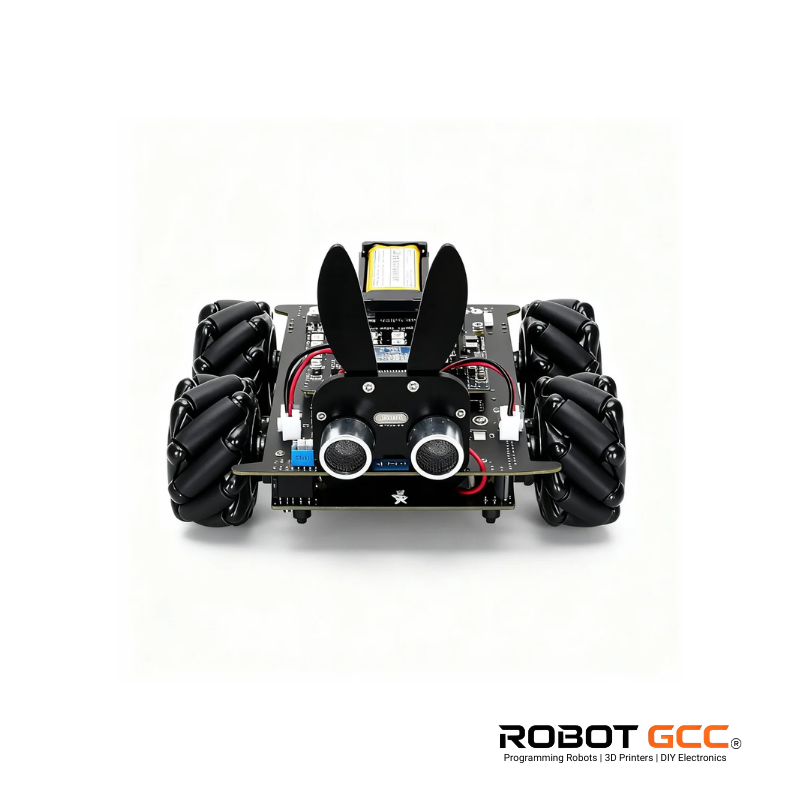 Robot chassis with wheels and electronic components on a white background, featuring the ROBOT GCC logo.