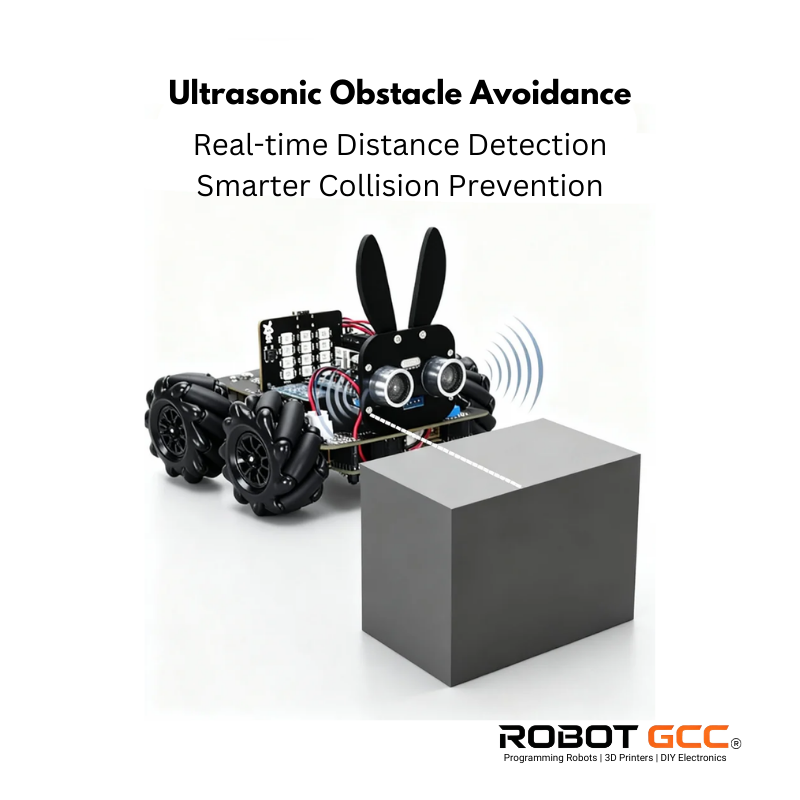 Robot with ultrasonic sensors detecting an obstacle, labeled 'Ultrasonic Obstacle Avoidance' by ROBOT GCC.