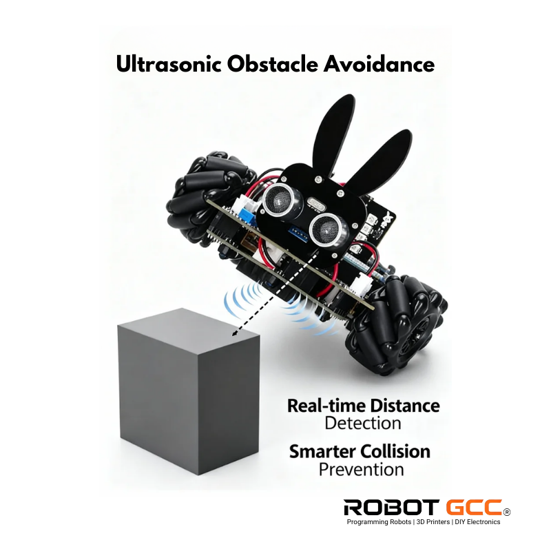 Robotics component with ultrasonic sensor for obstacle avoidance on a white background
