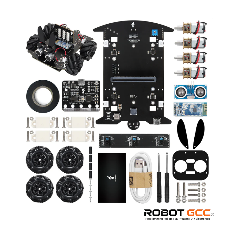 Collection of robot components and parts on a white background with ROBOT GCC branding.
