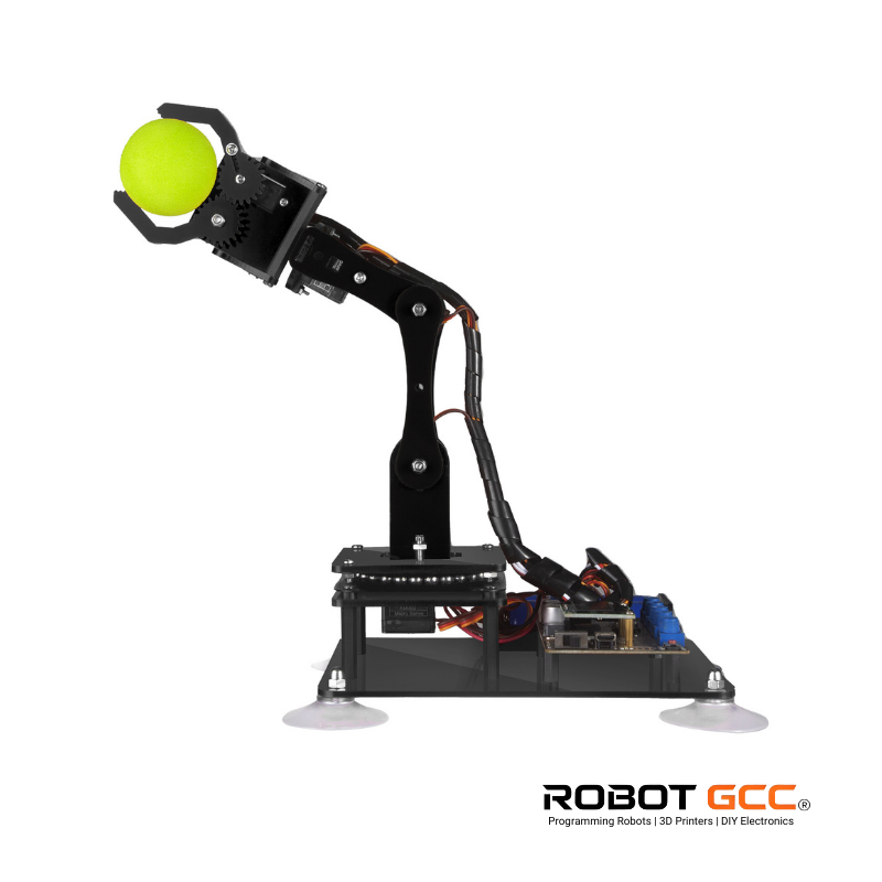 Robotic arm with a green ball on a white background, featuring the Robot GCC logo.