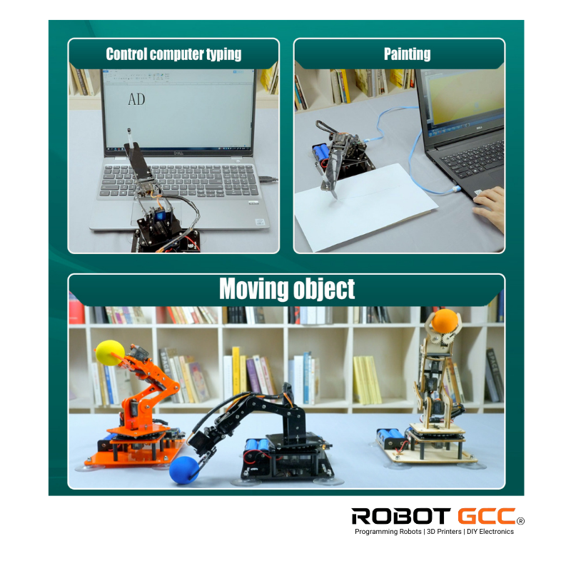 Collage of robots performing tasks like typing, painting, and moving objects with 'Robot GCC' branding.