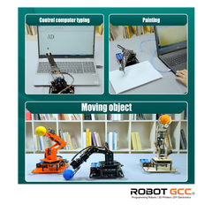 Collage of robots performing tasks like typing, painting, and moving objects with 'Robot GCC' branding.