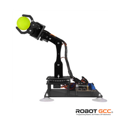Robotic arm with a green ball on a white background, featuring the Robot GCC logo.