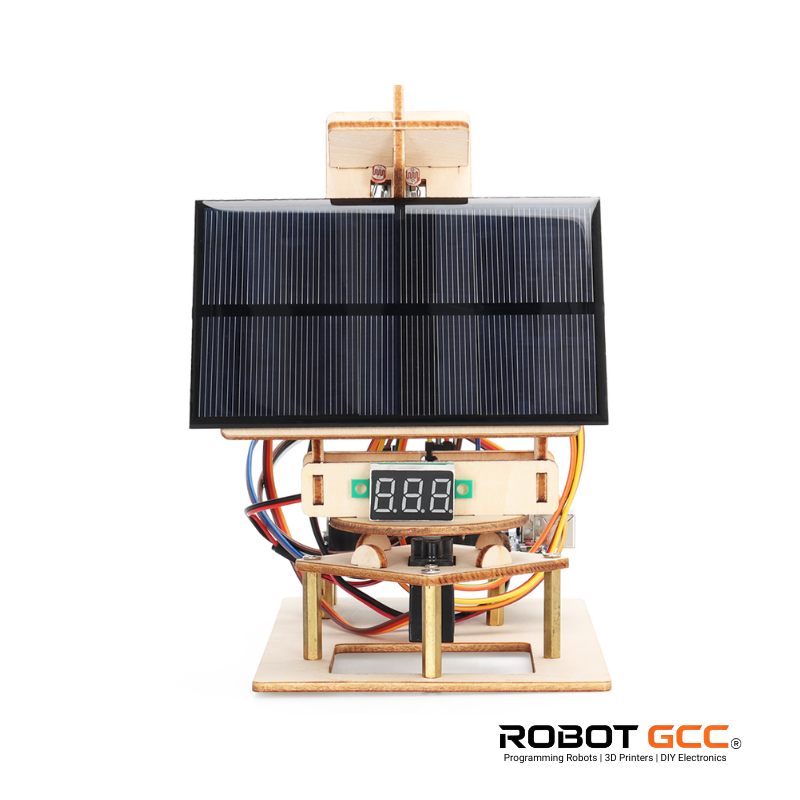 Solar-powered robot kit with solar panel and electronic components on a white background, featuring the ROBOT GCC logo.
