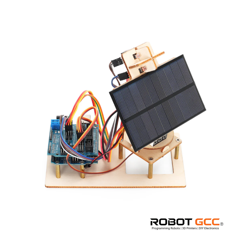 Solar panel setup with electronic components on a white background, featuring the ROBOT GCC logo.