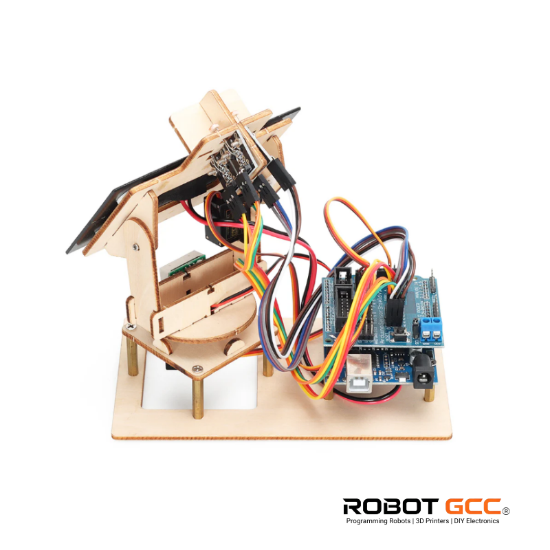 Robotic arm model with electronic components on a white background, featuring the ROBOT GCC logo.