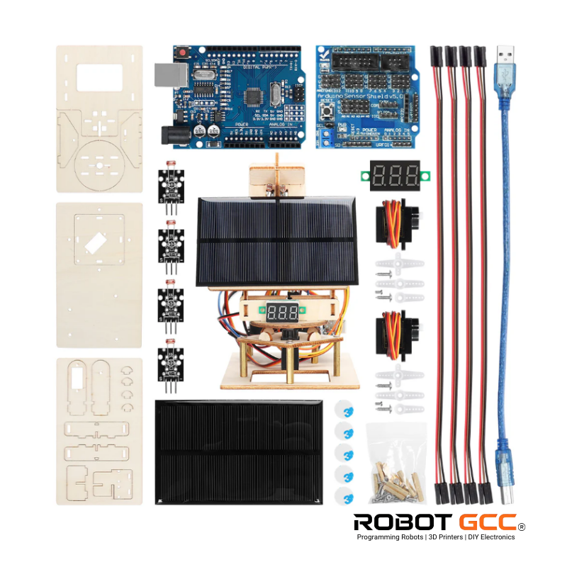 Electronic components and tools for robotics and electronics on a white background with ROBOT GCC branding.