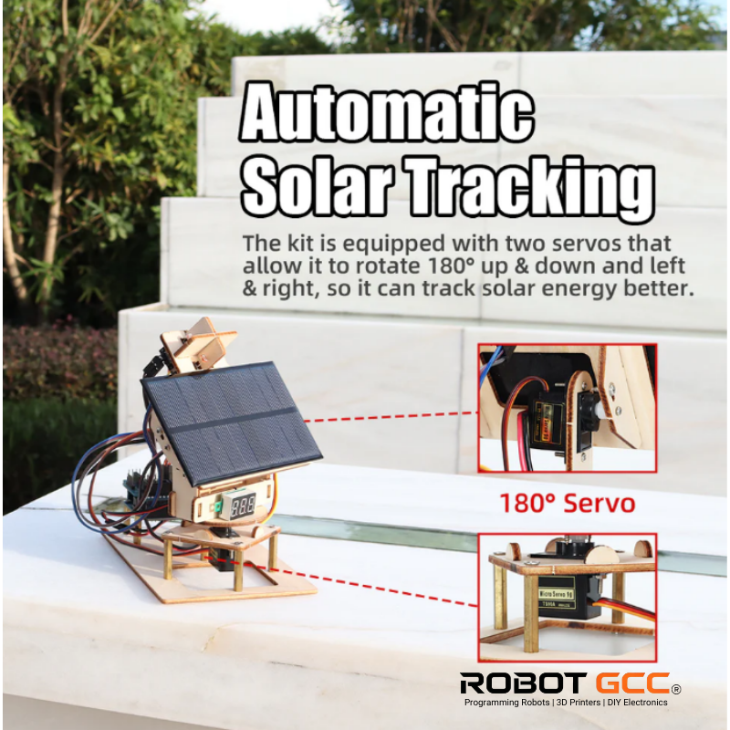 Solar tracking kit with 180-degree servo mechanism on a stand outdoors.