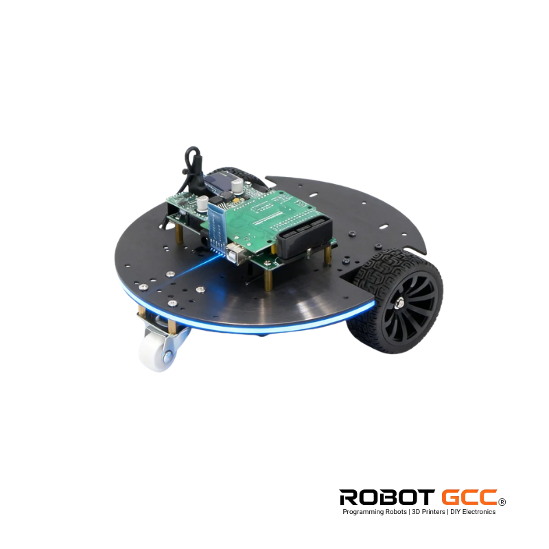 Robotics kit with electronic components on a white background, featuring the ROBOT GCC logo.