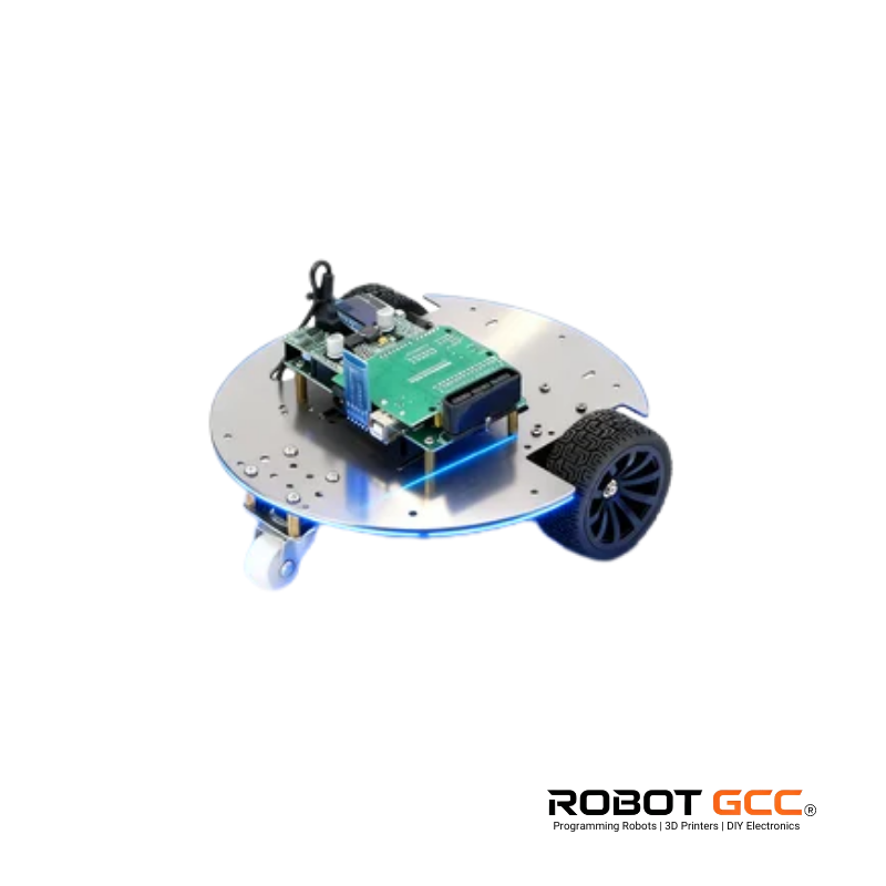 Robotics kit with electronic components on a white background, featuring the Robot GCC logo.