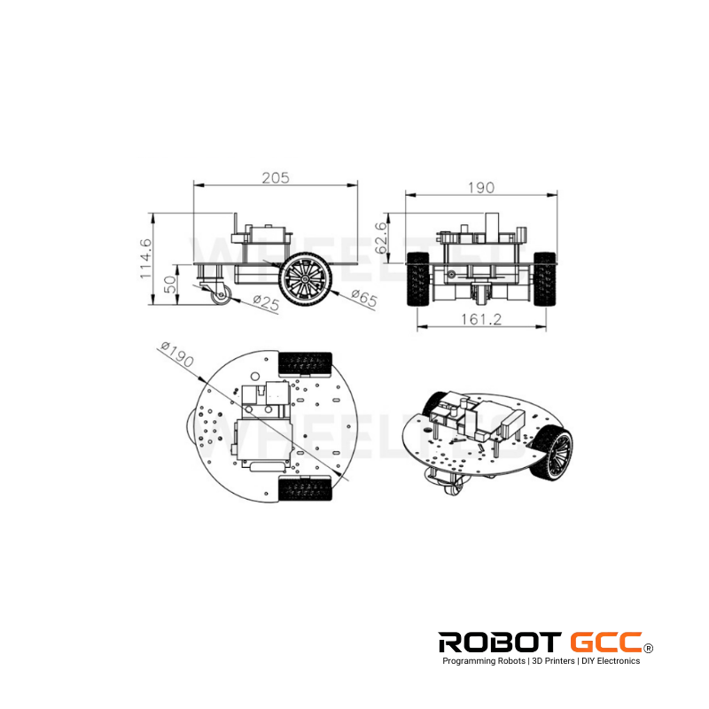 Technical drawing of a robot chassis with dimensions and Robot GCC branding.