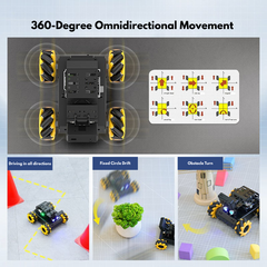 Robotic vehicle with 360-degree omnidirectional movement capabilities on a gray background.