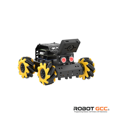 Robotic vehicle with yellow wheels on a white background, featuring the ROBOT GCC logo.