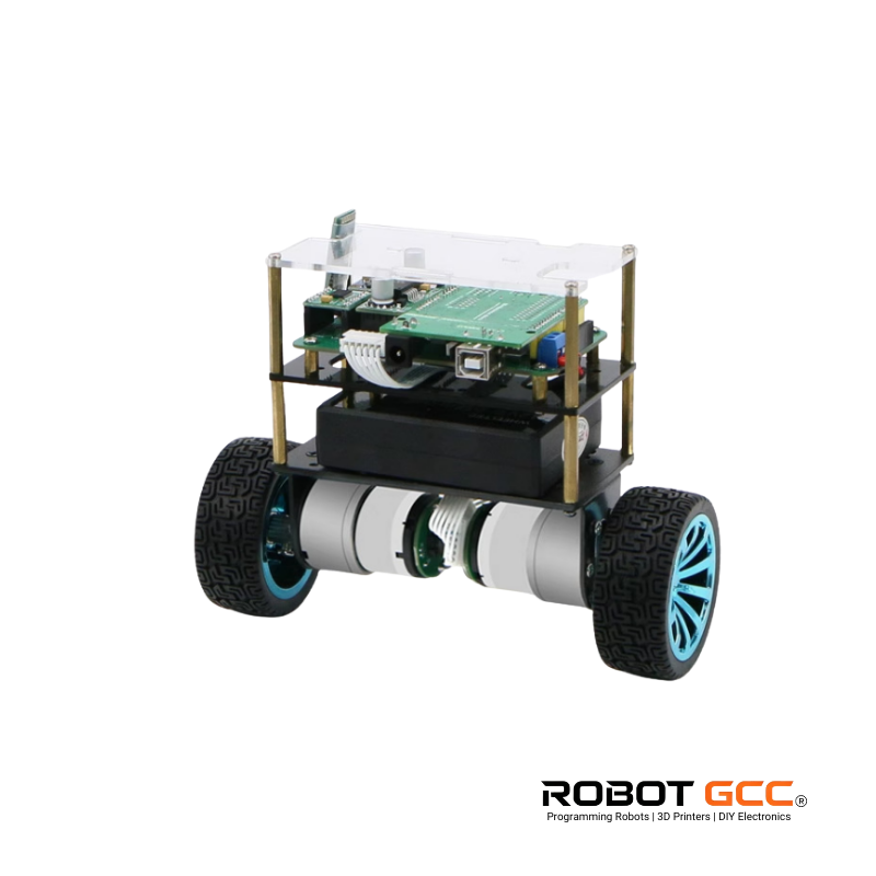 Robotics kit with wheels and electronic components on a white background, featuring the Robot GCC logo.