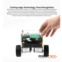 Toy car with electronic components and a hand interacting with it, on a white background with text about pose recognition technology.