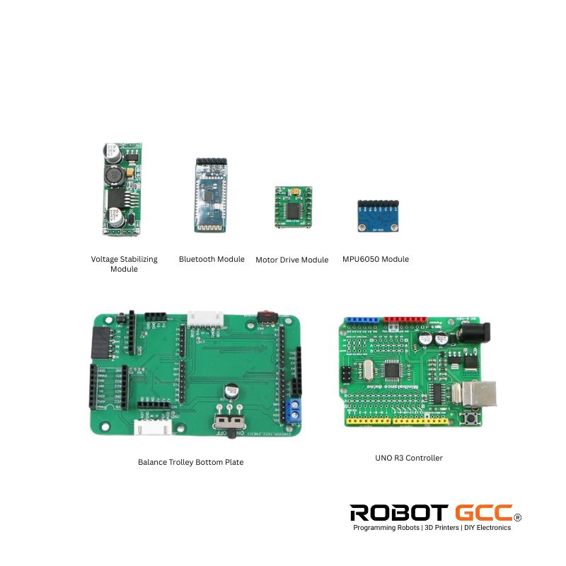 Collection of electronic components and boards with labels on a white background, featuring the ROBOT GCC logo.
