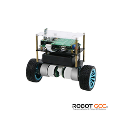 Robotics kit with wheels and electronic components on a white background, featuring the Robot GCC logo.