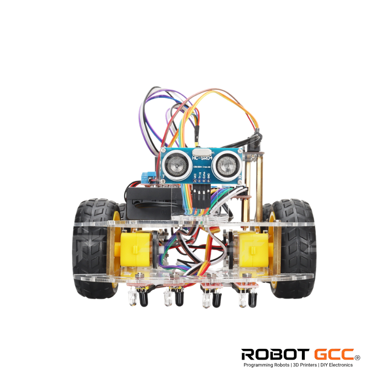 Robot chassis with wheels and sensors on a white background, featuring the brand 'Robot GCC'.