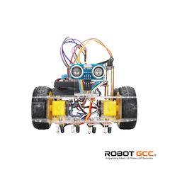 Robot chassis with wheels and sensors on a white background, featuring the brand 'Robot GCC'.
