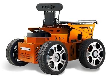 Orange robot with wheels on a white background