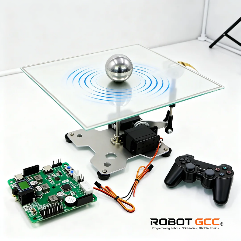 Electronic components including a circuit board, joystick, and magnetic levitation device on a white background with 'ROBOT GCC' branding.