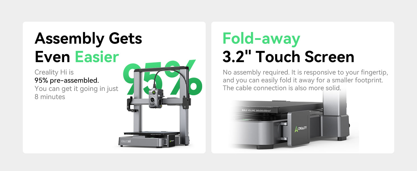 Advertisement for a 3D printer with assembly ease and screen features highlighted.