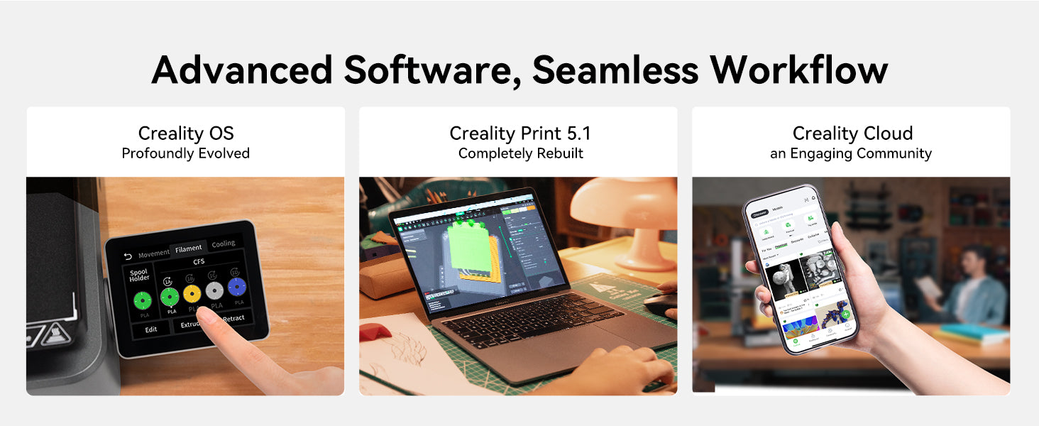 Promotional image of Creality's advanced software solutions with a laptop, smartphone, and tablet.
