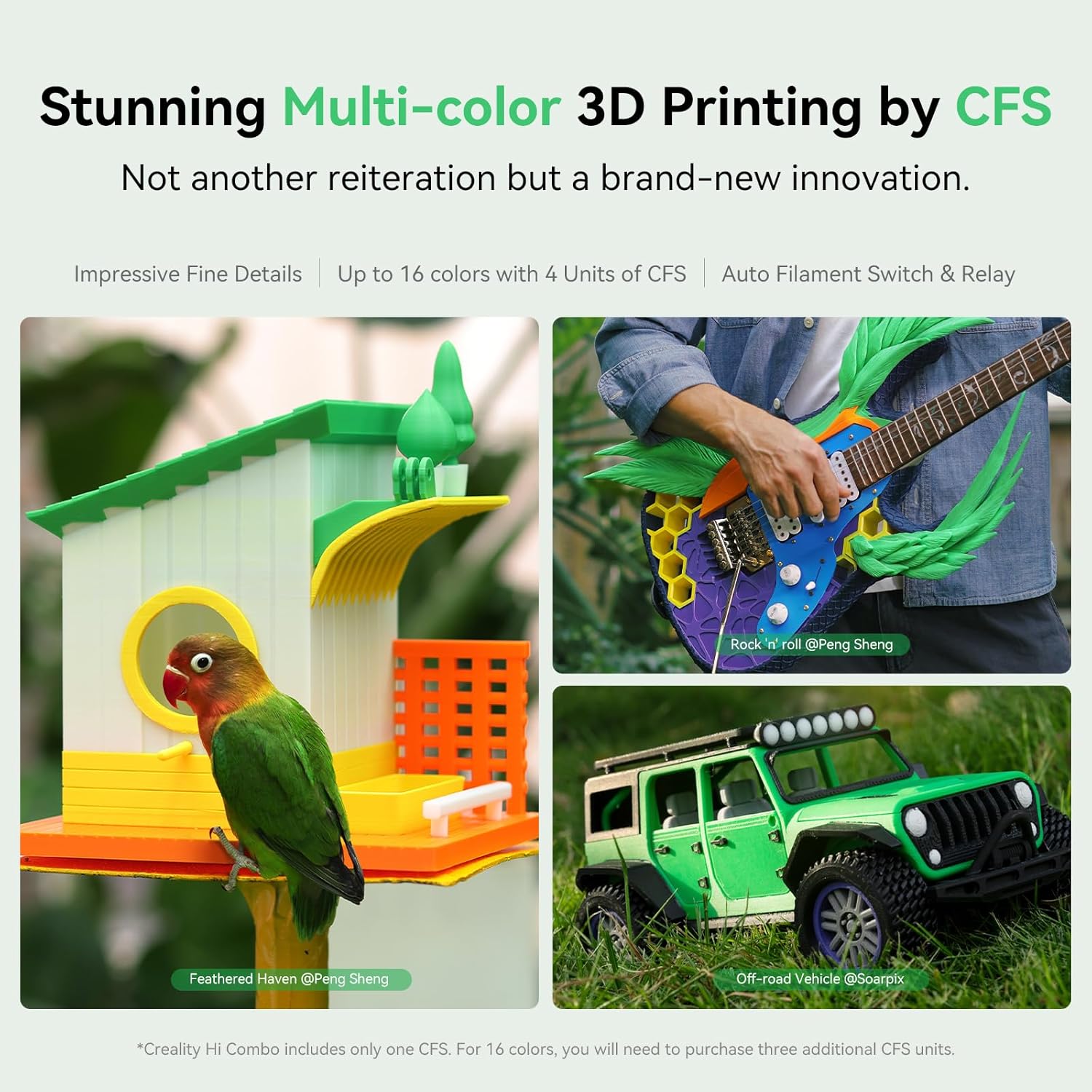 Promotional image of 3D printed items including a birdhouse, guitar, and toy jeep with text about CFS 3D printing technology.