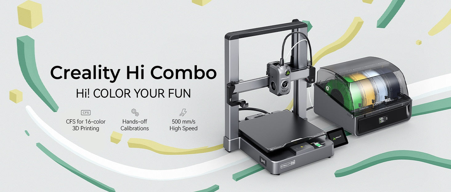 Creality Hi Combo 3D printer with colorful filament spools on a white background
