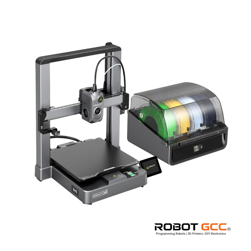 3D printer with spool holder on a white background, featuring the Robot GCC logo.