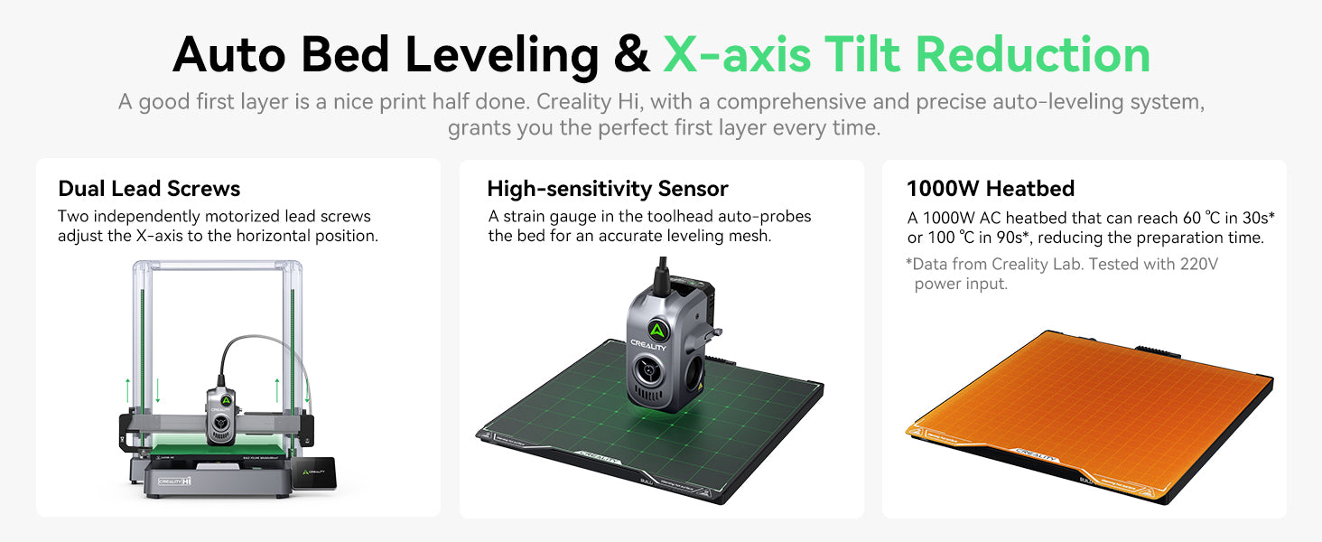 Advertisement for a 3D printing system with auto bed leveling and X-axis tilt reduction features.