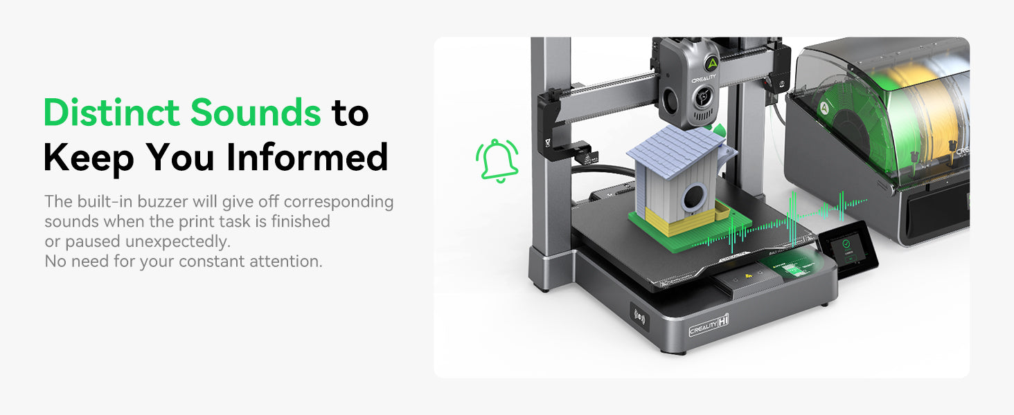 3D printer with text about distinct sounds for task completion on a white background