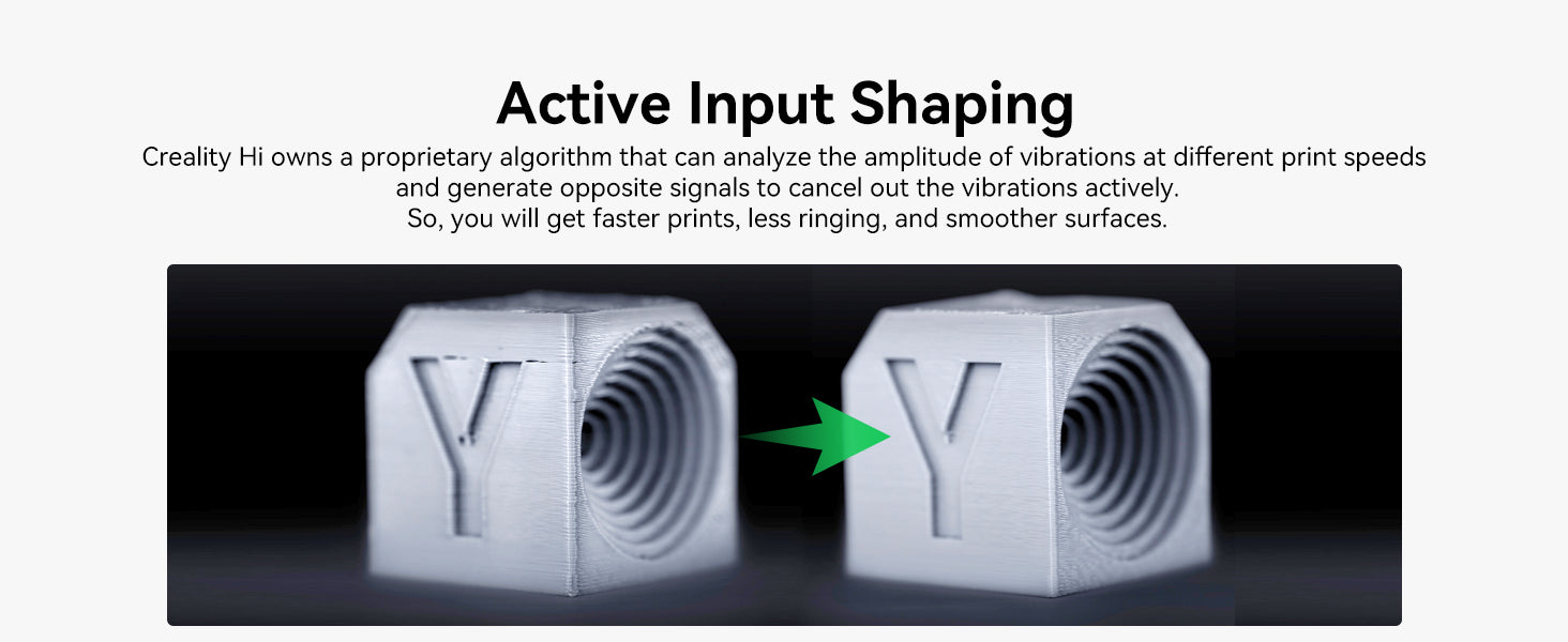 Two 3D-printed letters 'Y' with active input shaping technology and text explaining the feature.