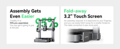 Advertisement for a 3D printer with assembly ease and screen features highlighted.