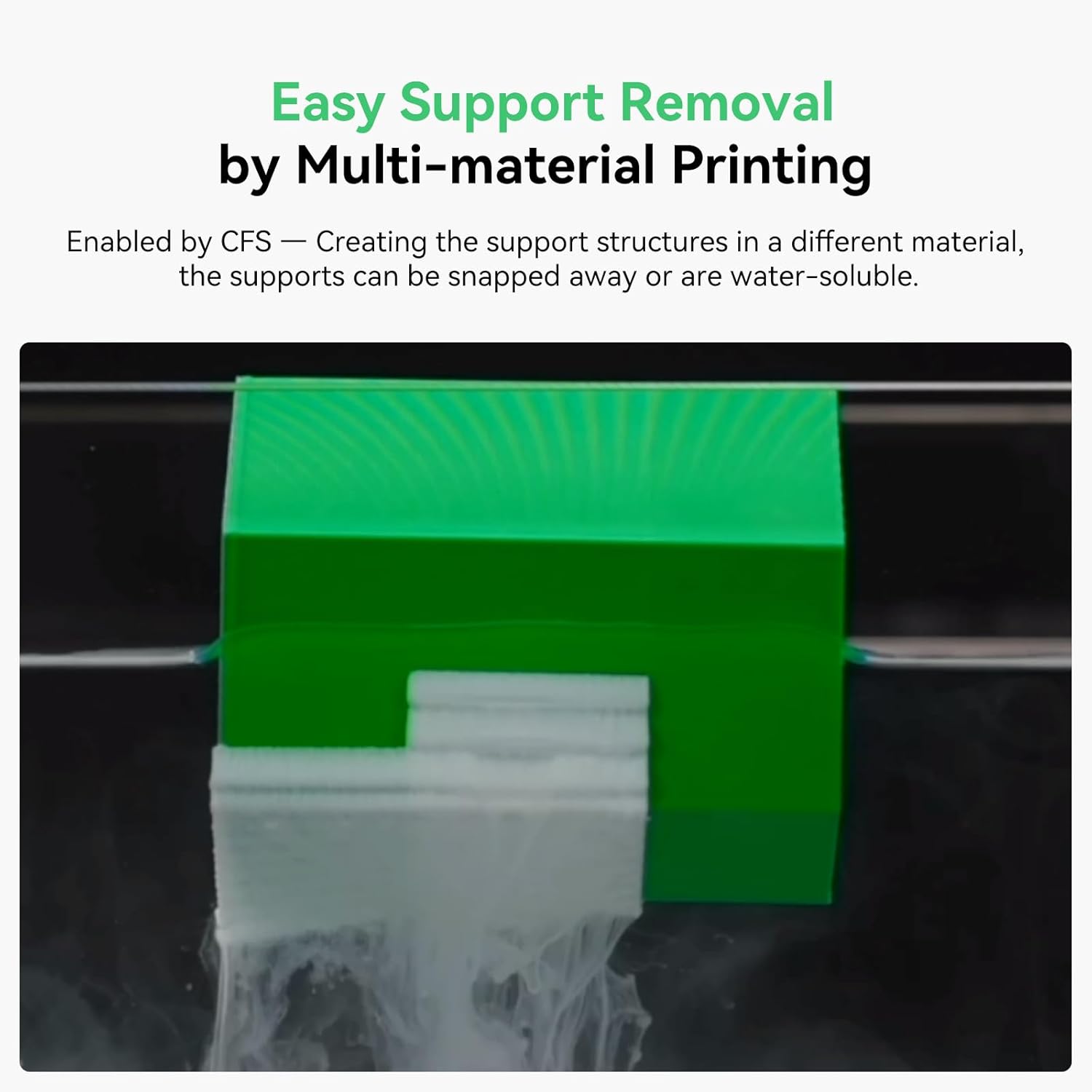 Green 3D printed object with support structures on a black background, featuring text about easy support removal by multi-material printing.
