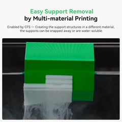 Green 3D printed object with support structures on a black background, featuring text about easy support removal by multi-material printing.