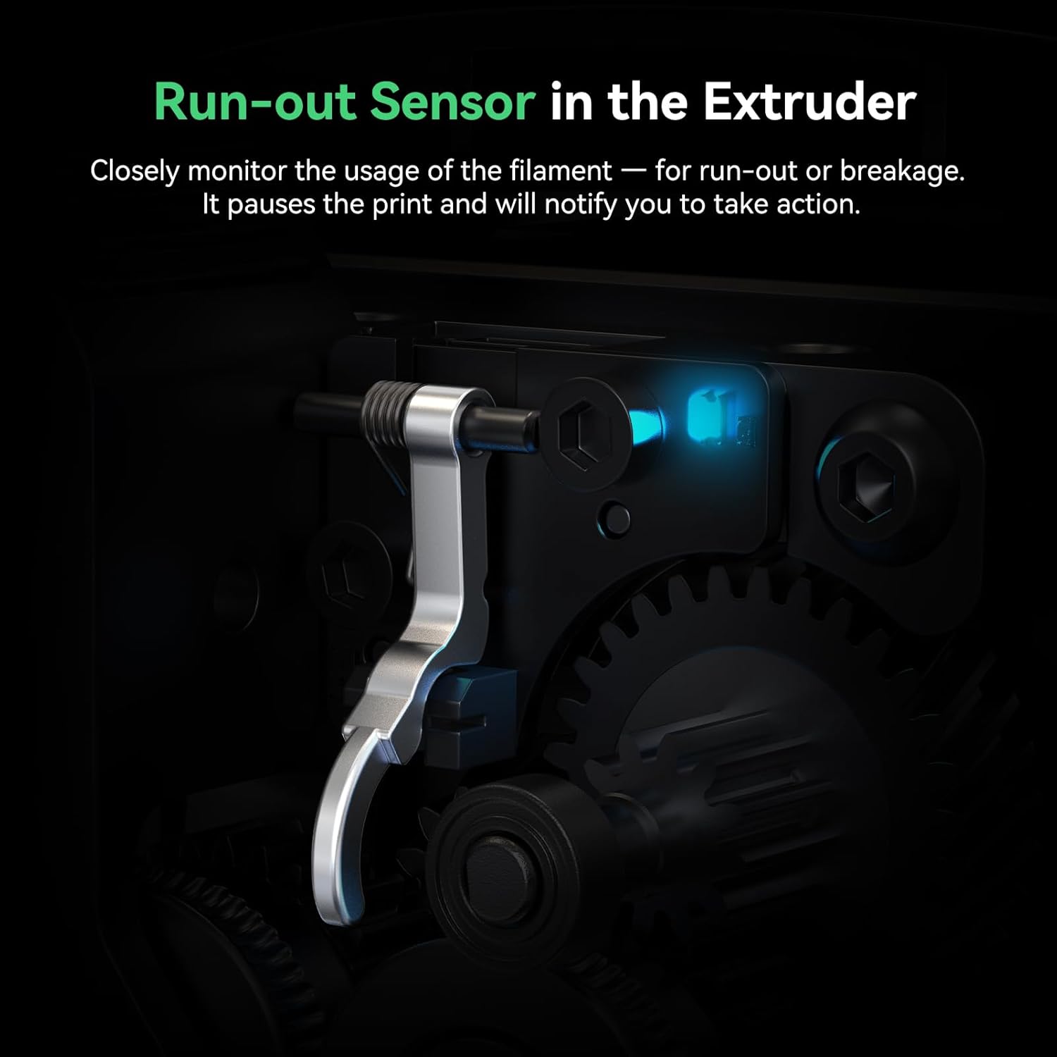 Run-out sensor in an extruder with text explaining its function on a dark background