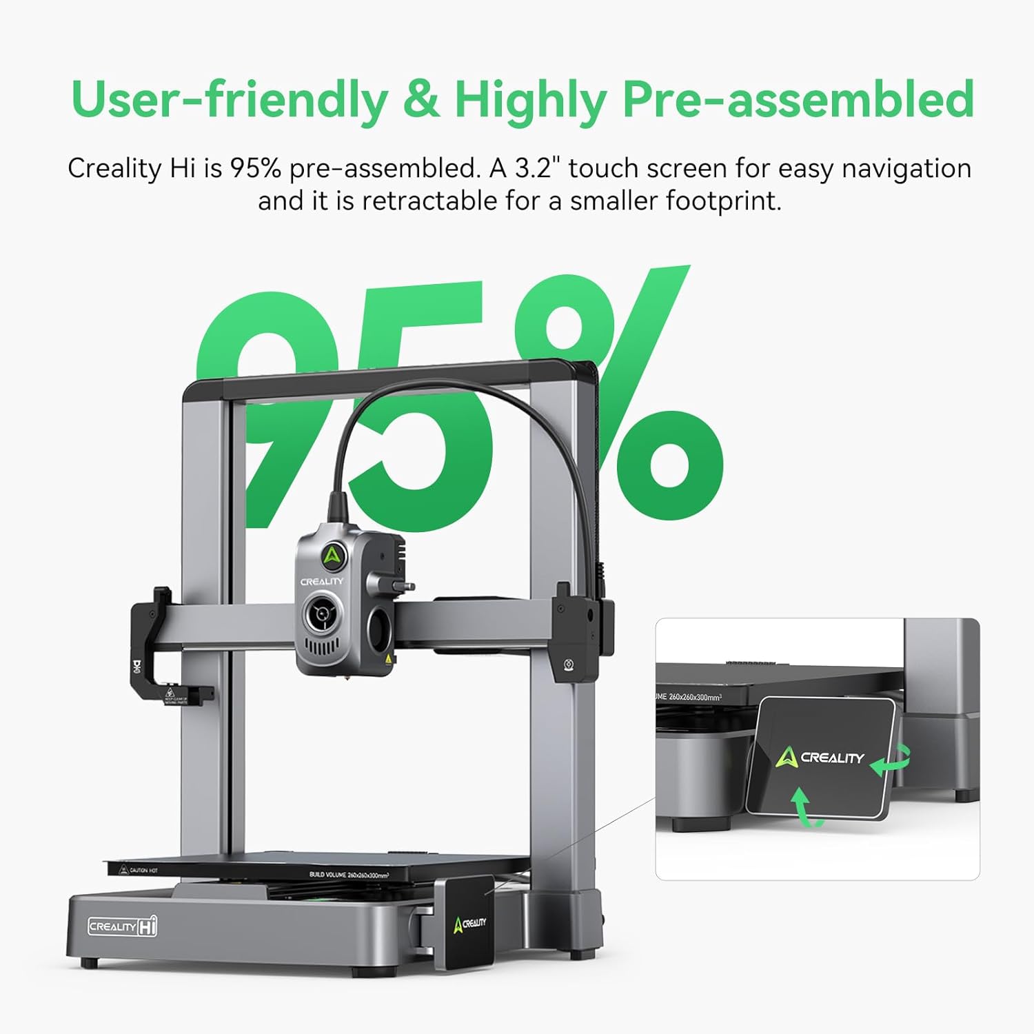 Creality Hi 3D printer with text highlighting user-friendliness and pre-assembled features.