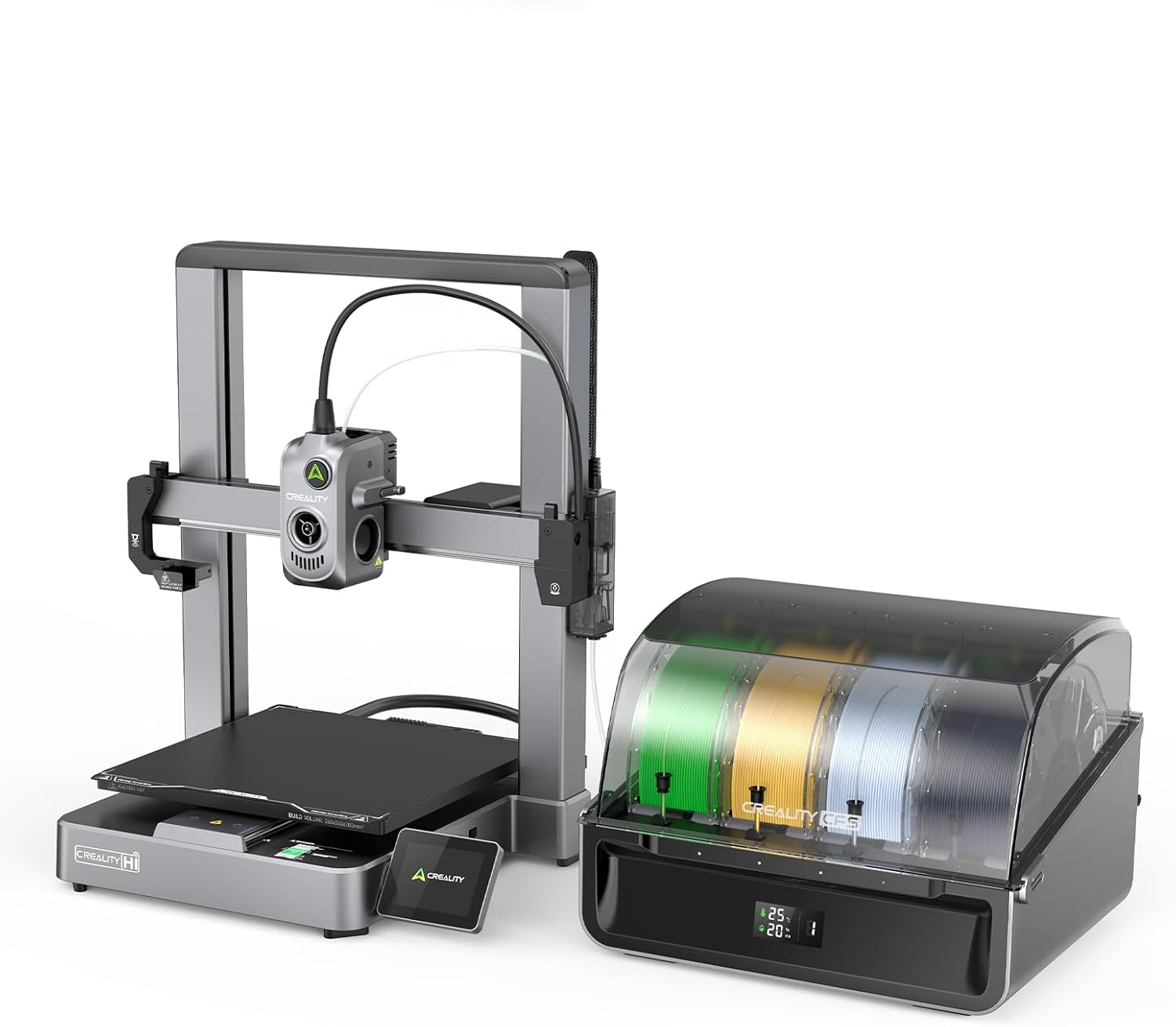 3D printer with filament storage on a white background