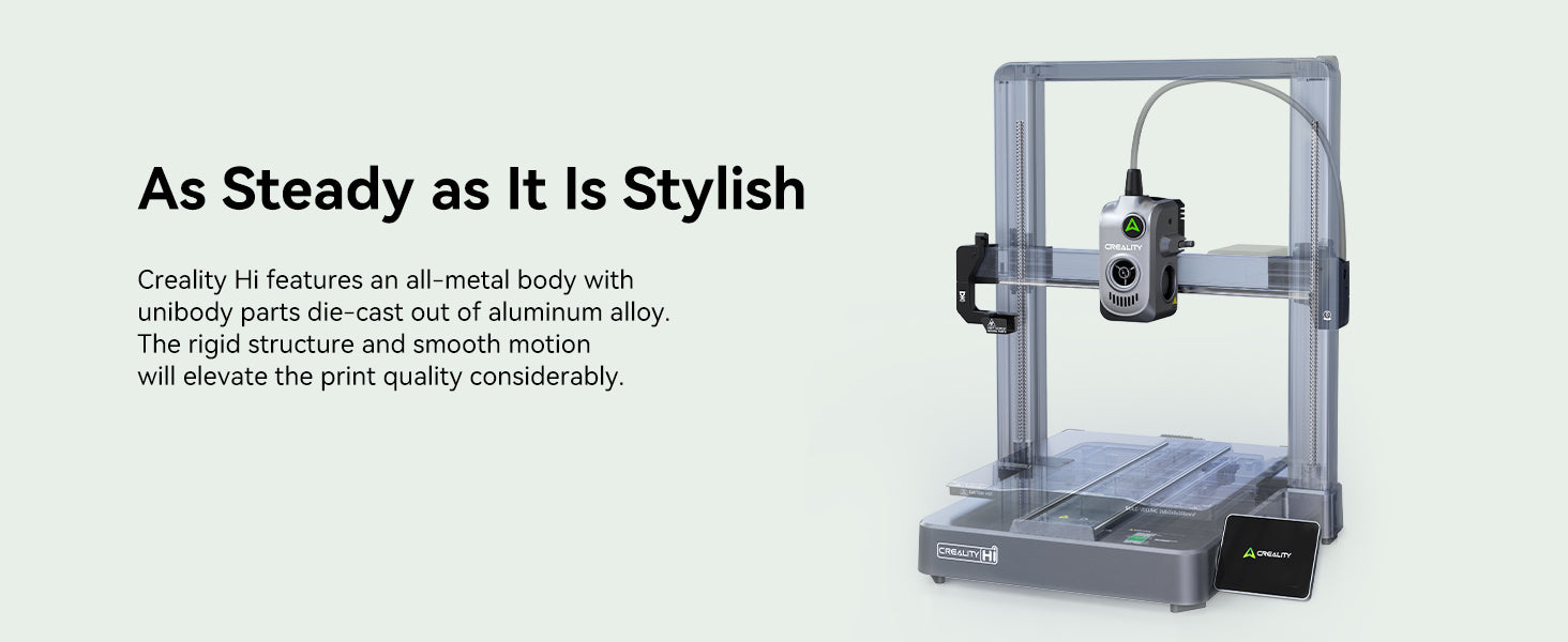 3D printer with text highlighting its features on a light gray background