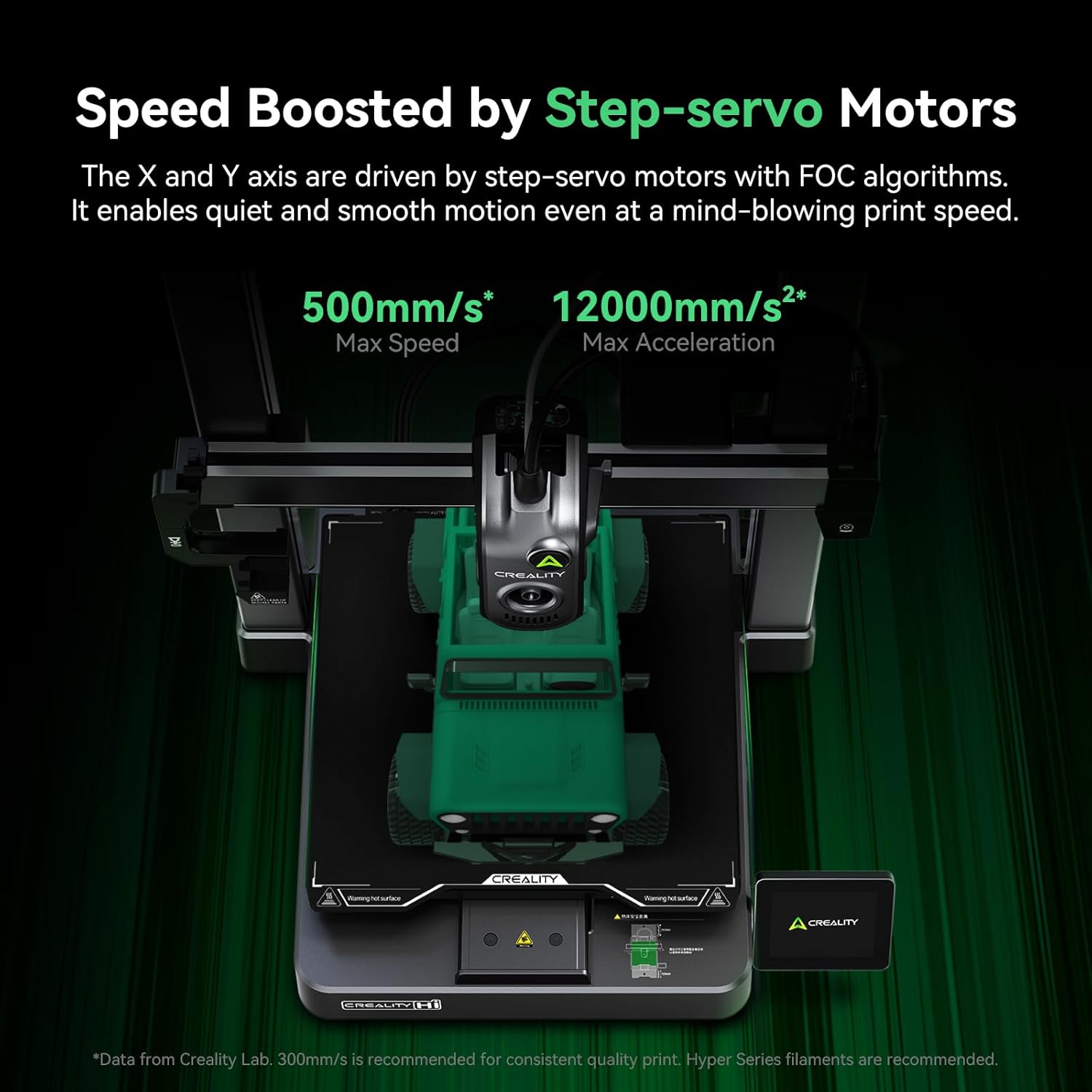 3D printer with step servo motors and performance specifications on a dark background