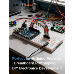 Arduino board with breadboard and multicolored wires on a desk, with 'Robot GCC' branding.