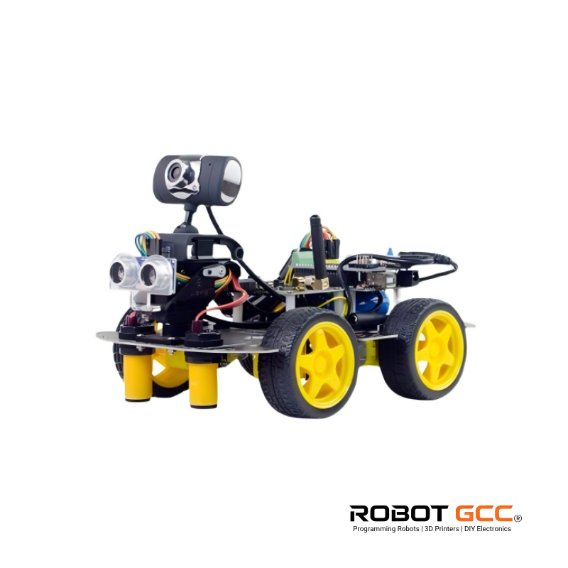 Robotic vehicle with yellow wheels on a white background, featuring the brand 'Robot GCC'.