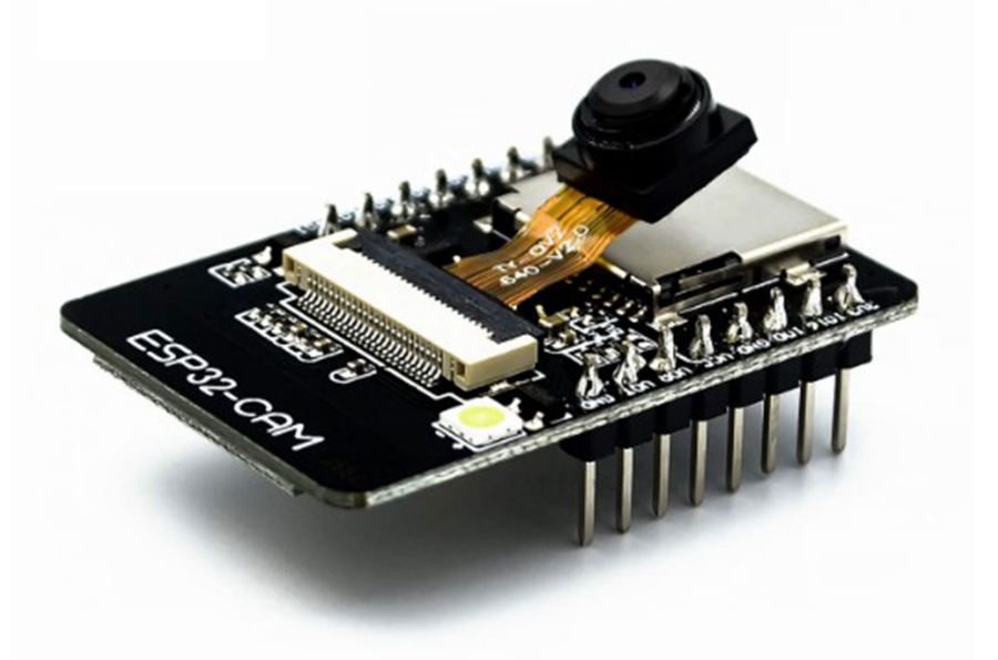 Electronic module with camera and ESP32 chip on a white background