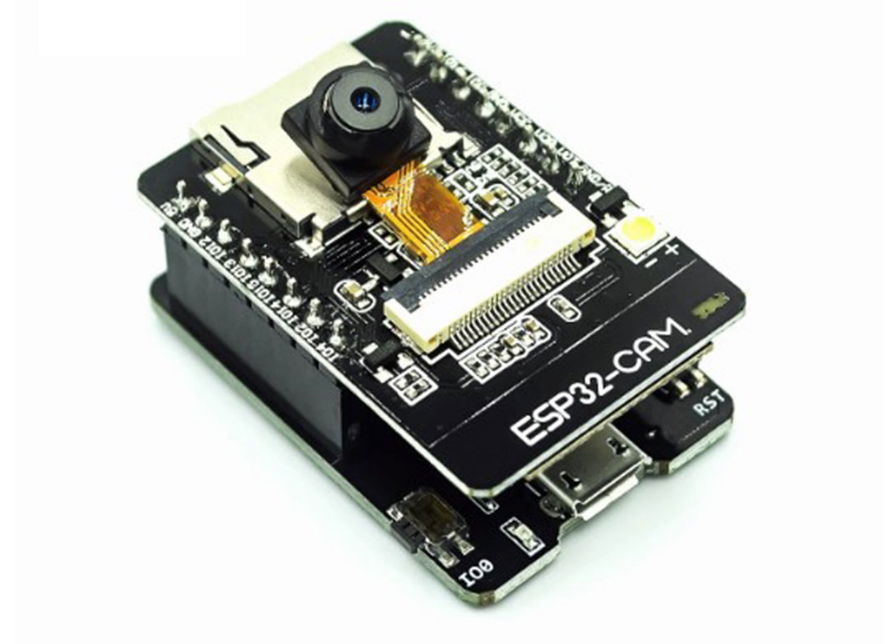 ESP32-CAM microcontroller board with camera module on a white background