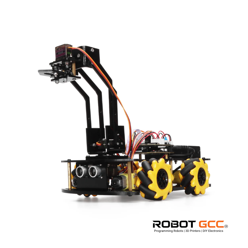 Robotic chassis with wheels and electronic components on a white background, featuring the Robot GCC logo.